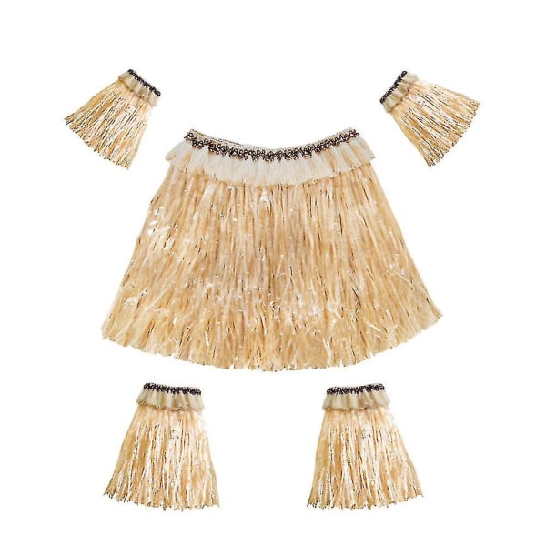 5 stk. Hawaiiansk Fancy Grass Skirt Sæt Arm Og Ben Bånd Kostume Elastisk Kostume Fest Tilbehør (stråfarve)