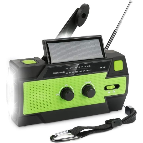 Aurinkokäyttöinen hätäradio, 4000 mAh:n kannettava lukulamppu taskulampulla ja liiketunnistimella, matkapuhelimen laturi, SOS-hälytys kotiin ja hätätilanteisiin green