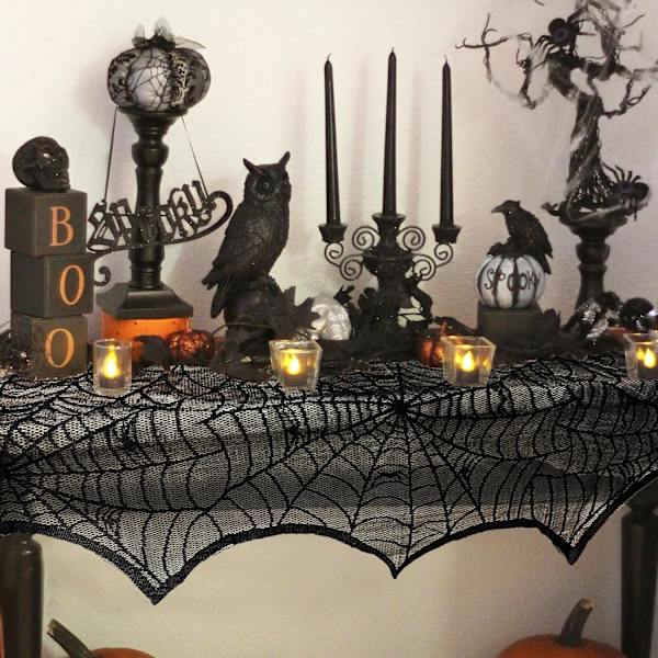 Halloween-dekorasjon Svart blonder Edderkoppnett Peis Mantel Skjerf Deksel Festlige Festartikler 45 X 243cm 18 x 96 tommer