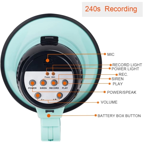 Bärbar megafon bullhorn 25 watt power megafonhögtalare röst och siren/larmlägen (grönt)