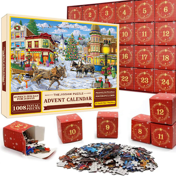 Puslespill adventskalender 2024, 1008 puslespillbiter 24 dagers julekalender nedtelling adventskalendere-puslespill SD30