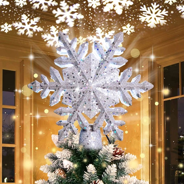 Christmas Tree Topper Upplyst med Led Roterande Silver Snowflake Dekorationer Projektor Silver Snow Tree Topper Nattljus Projektor för inomhus utomhus