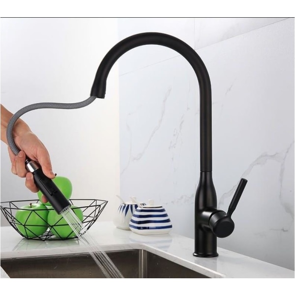 Köksblandare i ett stycke med utdragbar spraymatt 360° vridbar rostfritt stål Diskbänksblandare 2-funktions köksblandare (svart)