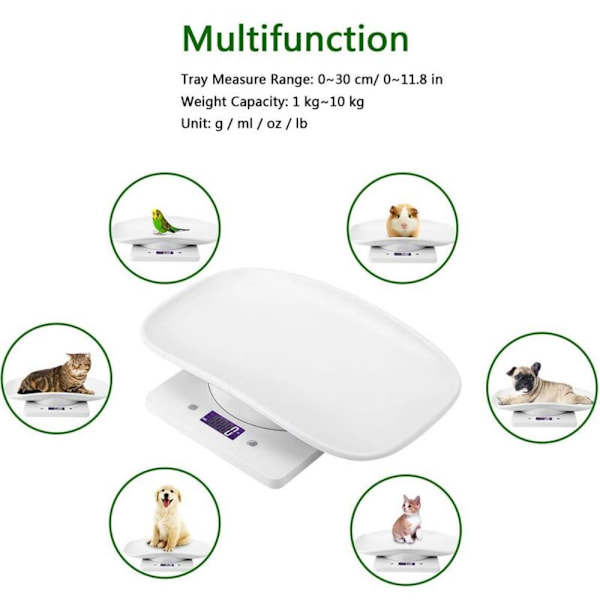 Mini elektronisk kjæledyrvekt - Hvit, 10 kg/1 g, 295x206x58m, 1 stk