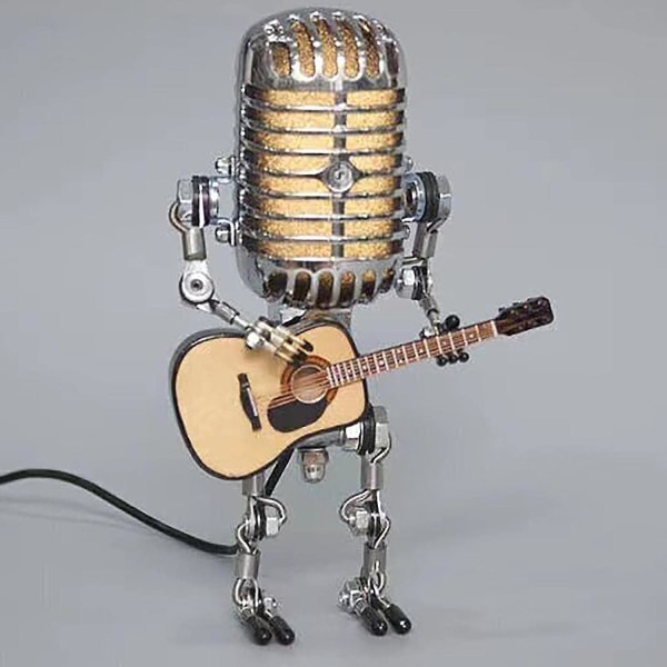 Kitararobottilamppu himmentimellä, viileä söpö retrometallinen minikokoinen yövalopöytälamppu, säädettävä kirkkaus (mikrofonin robottilamppu)