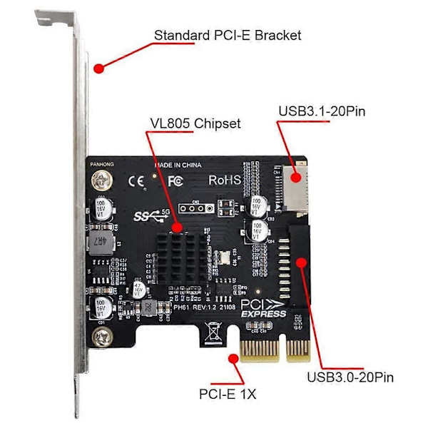 VL805 Moderkortsadapter 5Gbps Typ E USB 3.1 Frontpanel Hona & USB 2.0 till PCI-E 1X Expresskort
