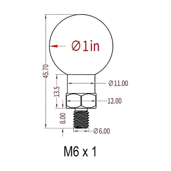 1 tuuman palloadapteri M6 x 1.0 kierteellä, yhteensopiva B-koon 1 tuuman pallonivelvarren kanssa