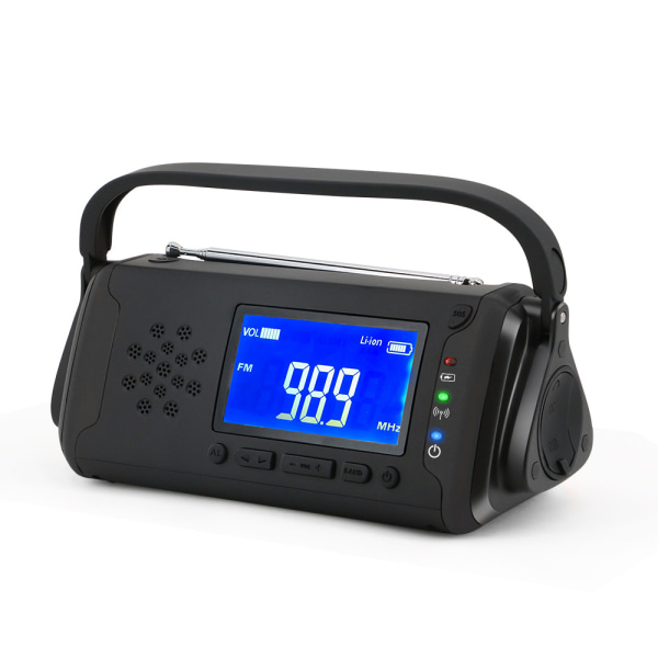 Solar Radio Emergency Hand Crank AM FM-radio med ljus ficklampa, SOS Alert, AUX Music Player Black