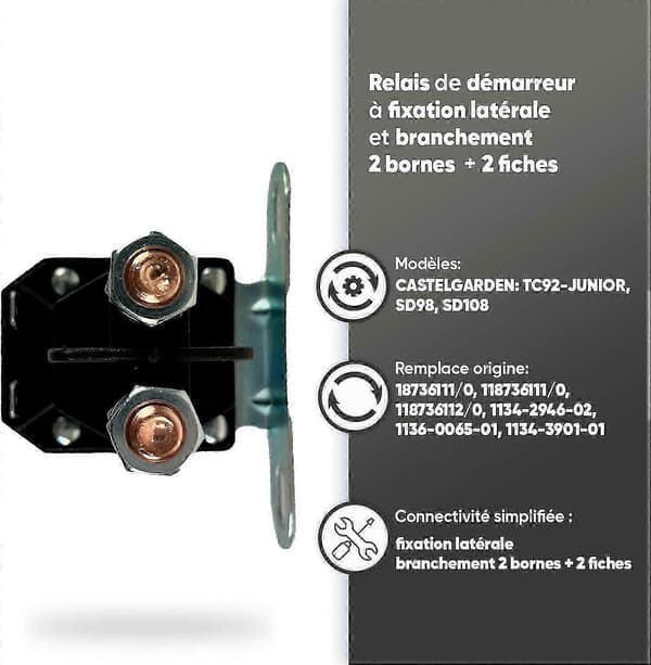 Starterrelé - Reservedel som passer Castelgarden & Stiga sitteklippere - Sidemontering & 2 terminaler + 2 pluggforbindelser