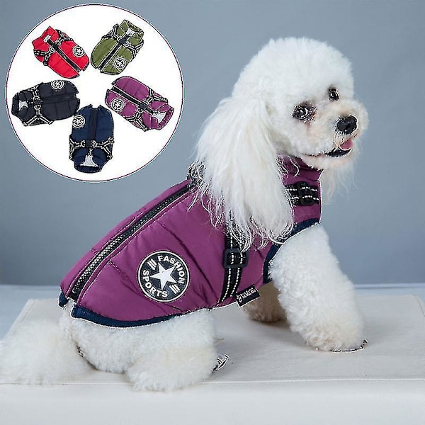Varm vattentät jacka med sele för hund Vinter Bekväm bomullsjacka Vadderad väst för små och medelstora hundar Lilablå M Pink