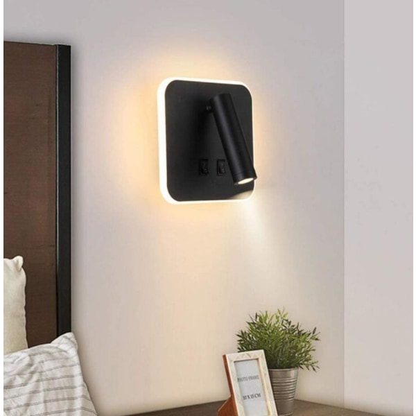 1 stk. LED-sengelampe væglampe læselampe soveværelse væglampe dobbelt kontrol firkantet roterende væglampe sort 14,5*14,5cm