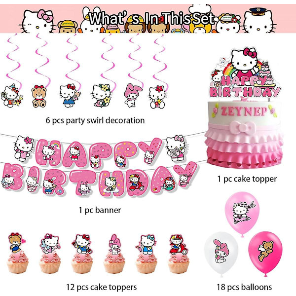Kitty Fødselsdagsfestartikler, Kawaii Anime Tegneserie Fødselsdagsfest Dekoration, Inkluderet Banner, Hængende Hvirvler, Balloner, Kagetopper (Pink) (pink)
