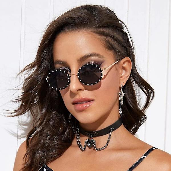 Ubiuo Oval Studded Diamond Sunglasses For Women Rimeless Riveted Sun Glasses Meatal Frame Uv 400