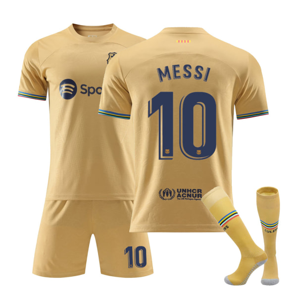 2223 Barcelona hemma och borta tröjor nr 10 Messi nr 21 De Jong kortärmade fotbollsdräkter för vuxna barn K1 No10 20