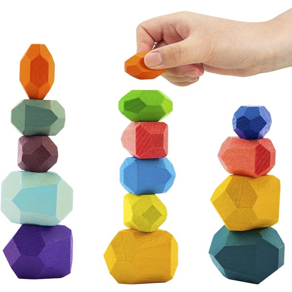 16 Pack Træsten Balanceblokke - Farverige Træsten Byggeklods Balance Stabling pædagogisk legetøj