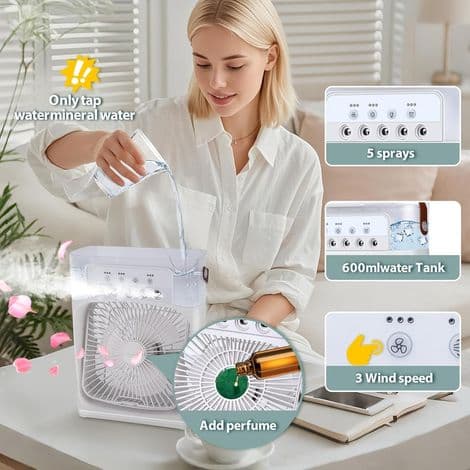 Miniventilator, luftkøler, 3 blæserhastigheder, timer, 7 LED'er, dæmpningsfunktion (hvid).