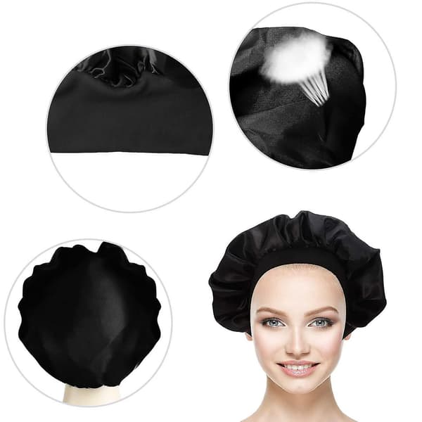 Sæt med 3 satinhatter, nathat, silkehat med elastisk bredbånd, natsøvnhat (sort, leopard, pink)