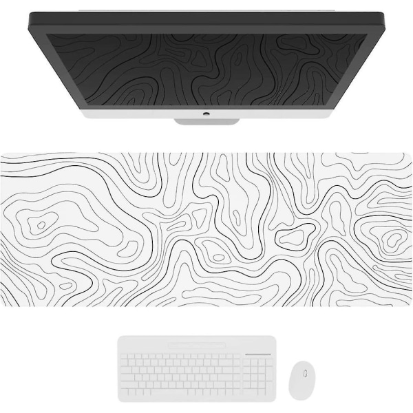 Stor spelmusmatta med sydda kanter, minimalistisk topografisk karta skrivbordsmatta, utökad Xl musmatta med halkfri bas, cool skrivbordsunderlägg för tangentbord