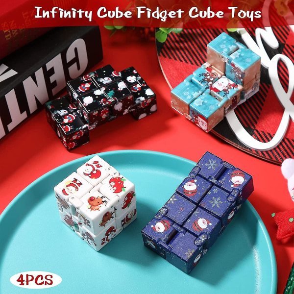 4 stycken Christmas Infinity Cube Fidget Toys Söt Fidgeting Spel Handhållna Finger Leksaker Mini Fidget Blocks För vuxna och tonåringar Ångestlindring och dödande