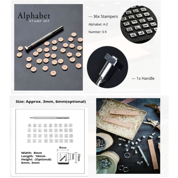 36 stk bokstavstempel, bokstavstempel alfabetsett stansingsverktøy av 26 bokstaver og 10 tall (6 mm)
