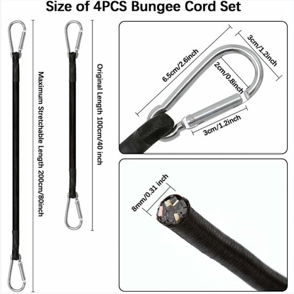 Bungee-sladd med karbinhake, 1 m kraftig bungee-sladd med karbinhake, 4 gummiband