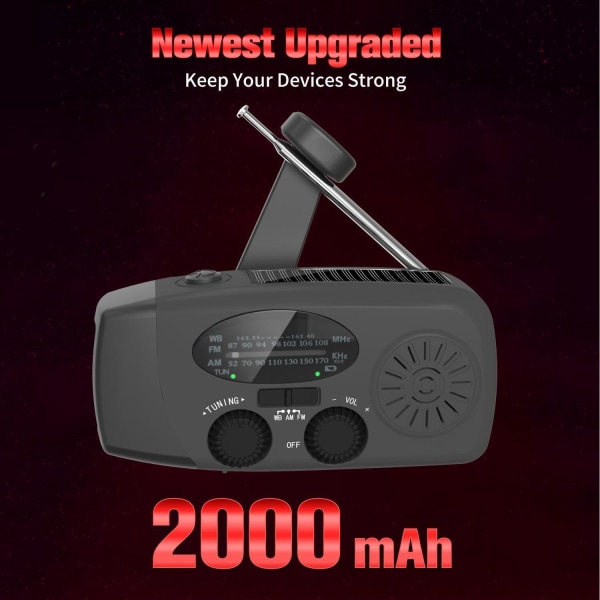 Hätäradio, kannettava käsikammen aurinkoradio AM/FM-toiminnolla, 2000 mAh ladattava power , SOS-sireeni, LED-taskulamppu Black