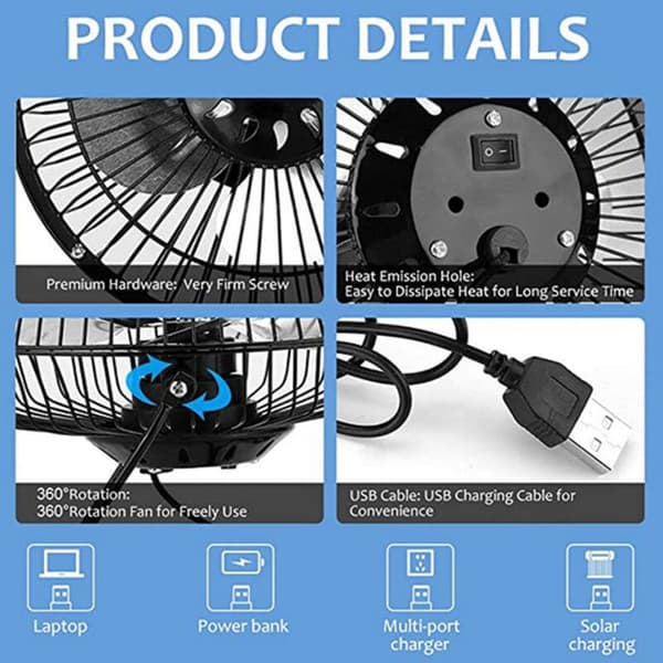 Solcelleventilator. Mobil strømforsyning. Udendørs ventilation. Kølende USB-interface. Bærbar enhed