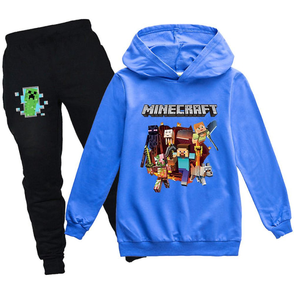 Barn Tenåringer Minecraft treningsdresssett Uformell sweatshirt med hette Joggerbukser Antrekk Activewear 7-14 år Blue 9-10 Years