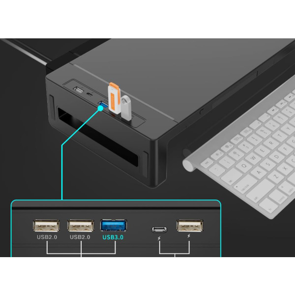 Vikbart bildskärmsställ, USB 3.0 datorskärmsnav, bordsställ med förvaringslåda,