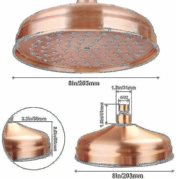 Kobber brusehoved, 20 cm (8 tommer) diameter, højtryks fast brusehoved med justerbar vinkel brusehoved regnbruserhoved - guld