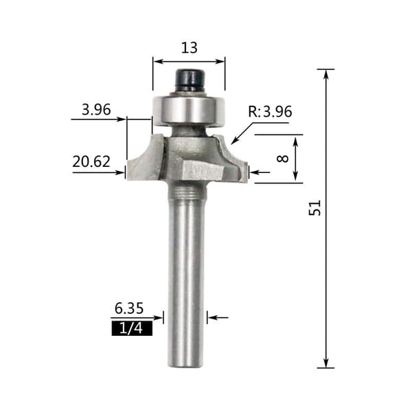 Afrundingsfræser 1/4\"x1/4\" (3.17mm radius) - Træbearbejdning Fræsebit Sølv