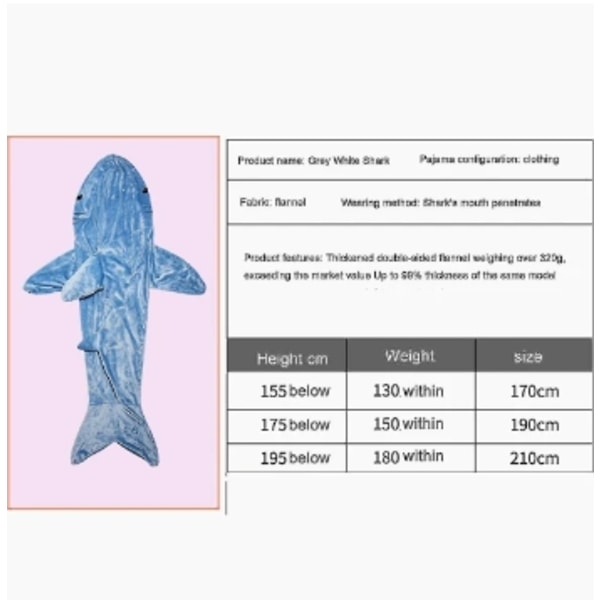 Shark Blanket -huppari Adult - Shark Onesie Adult Kannettava peitto - Shark Felt Super Pehmeä Kodikas Flanellihuppari Hain makuupussi 190cm (YX) 190