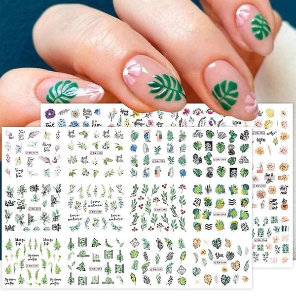12 design høst negleklistremerker lønneblad plantain blad nail art vann dekaler transfer glidere for 3d negler dekorasjon