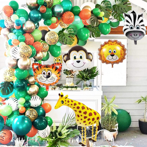 Jungle Safari temafest set, 151-pack, med djurballonger och palmblad