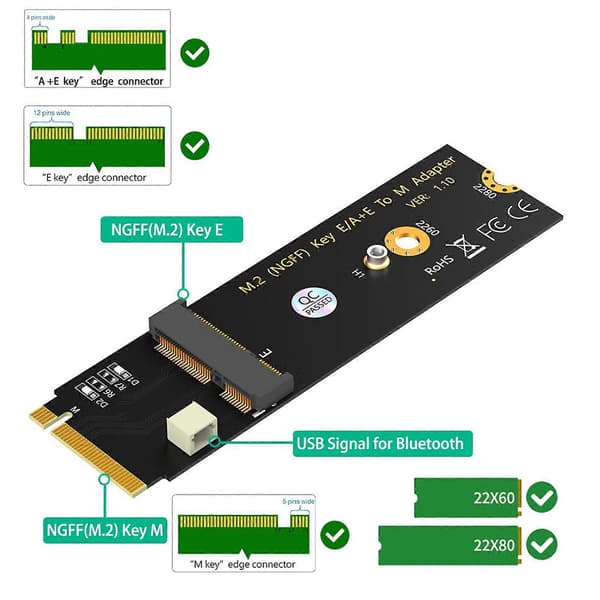 M.2 NGFF A E Key WiFi Bluetooth-kort til M.2 Key M SSD-adapter til Intel AX200 AX201 AX210 M.2 Key M-adapterkort