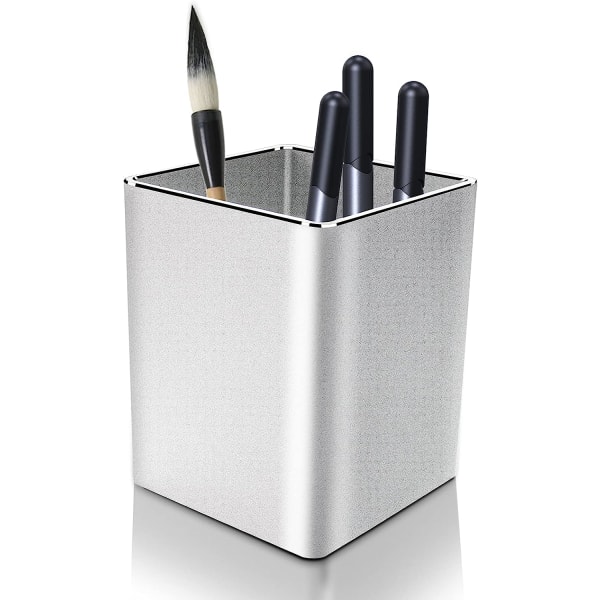 Pennhållare i metall för skrivbord, pennkopp i aluminium, fyrkantig pennkopp (silver)