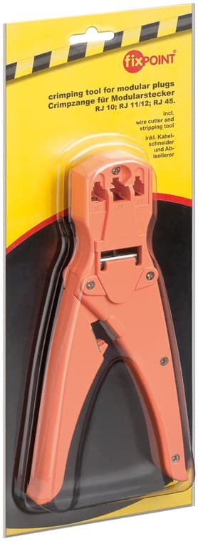 Crimping tool for modular connectors incl. cable cutter and cable stripper