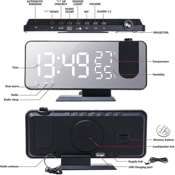 Projektionsväckarklocka med FM-radio och LED-digitalskärm - 180 projektions- och USB laddningsportar (svart)