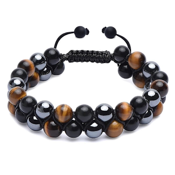 Trippelt Skyddsarmband, Äkta Tigeröga Svart Obsidian och Hematit 8mm Pärlarmband för Män Kvinnor, Kristall Smycken Helande Armband Bring L