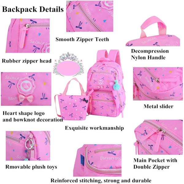 3-Pack Heart Print Ryggsäck Set Bow Elementary School Bag Reseryggsäck (lila)
