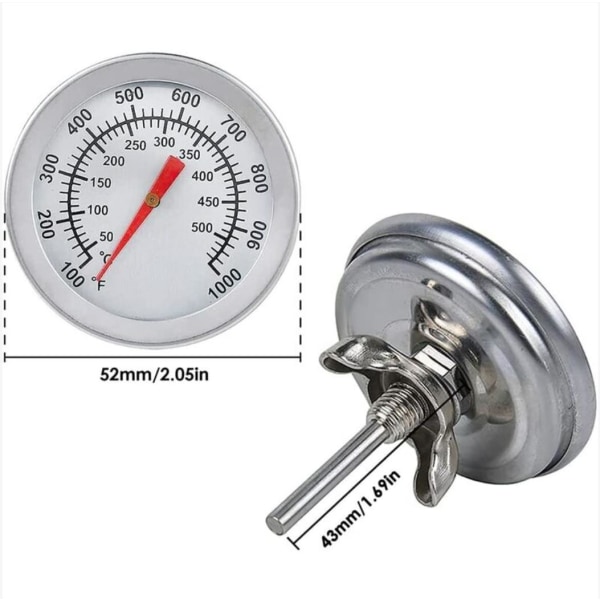 Grilltermometer, ugnstermometer i rostfritt stål Max 500°C/1000°F Analog displaytermometer för ugn, pizzaugn, vedugn