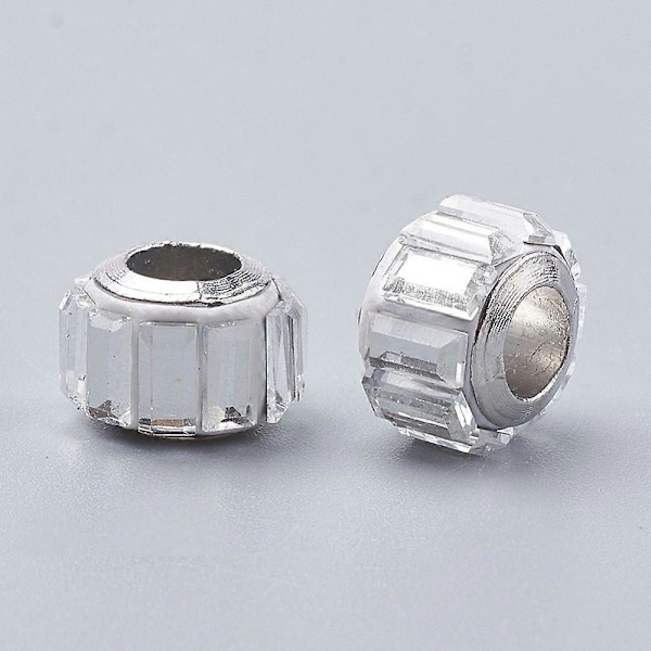 Lasiset eurooppalaiset helmet, suuria reikiä, messinkisydämellä, viistehiotut rondellihelmet, hopeanväriset, kirkkaat 9x7mm, reikä: 5mm