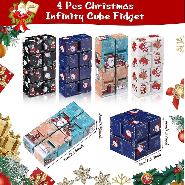 4 stykker Christmas Infinity Cube Fidget Toys Søt Fidgeting Game Håndholdte fingerleker Mini Fidget-blokker for voksne og tenåringer Angstlindring og drap