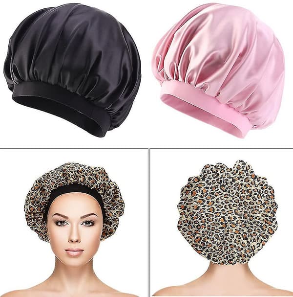 Sæt med 3 satinhatter, nathat, silkehat med elastisk bredbånd, natsøvnhat (sort, leopard, pink)