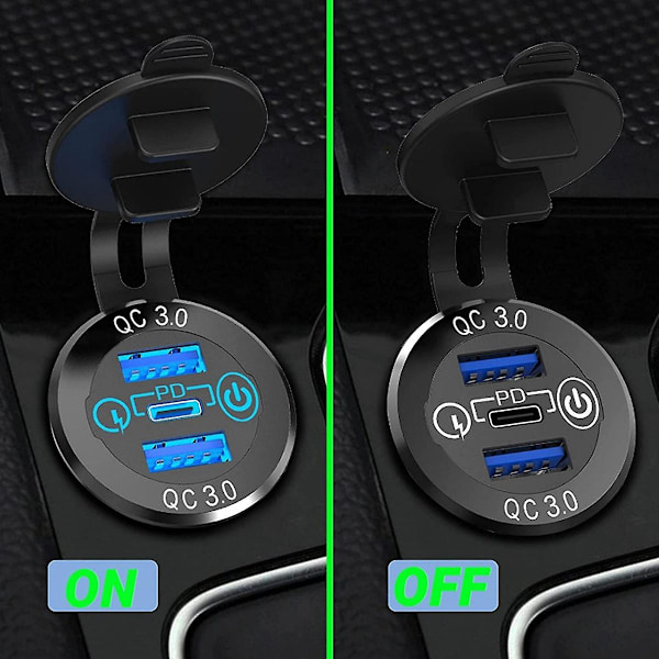Hurtiglading Socket 60W USB-C Flere Billadere Socket PD 3.0 & To QC3.0 Porter med Berøringsswitc