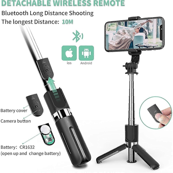 Selfie Stick, Bluetooth Selfie Stick Tripod Fjernbetjening 360