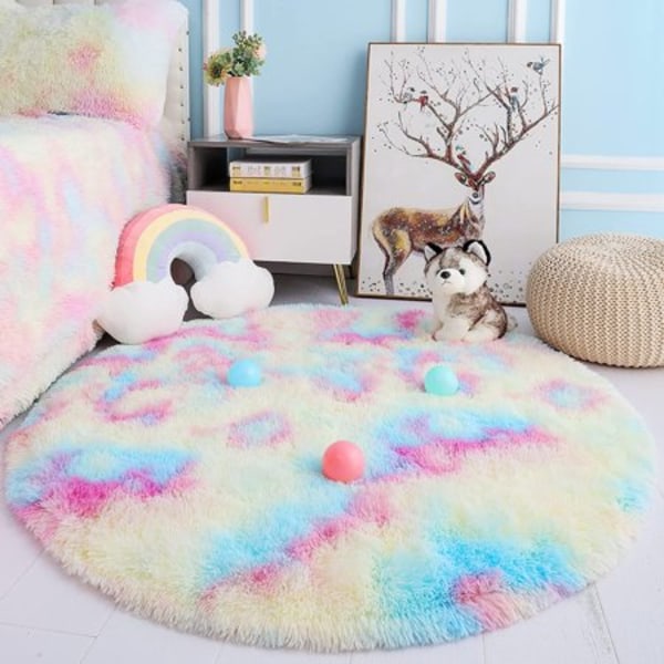 Rundt soveværelse tæppe - regnbuelyserød Fluffy Princess Castle Furry Area tæppe 4ft