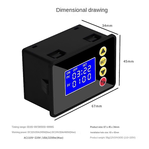 Programmerbar Digital Timer Bryter Relékontroll Forsinkelse AC110-220V