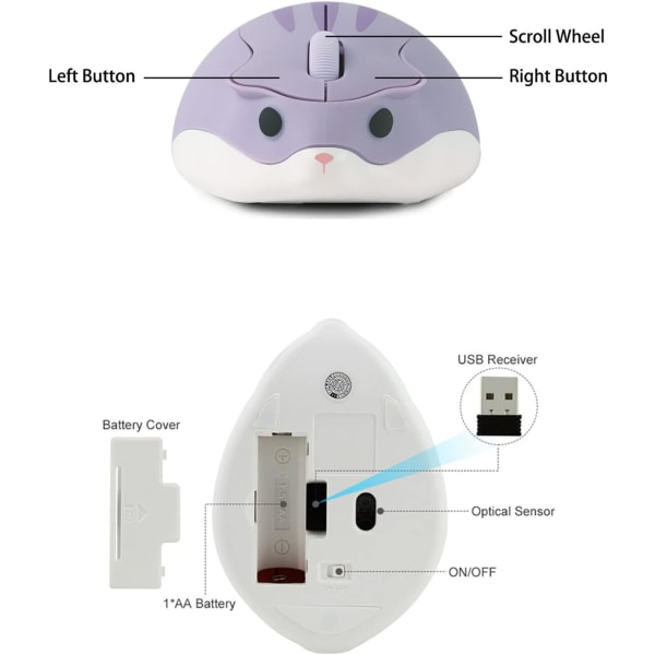 Kevyt 2,4 GHz langaton hiiri Söpö langaton hiiri kannettava minihiiri 3 painiketta kannettavalle tietokoneelle (violetti)