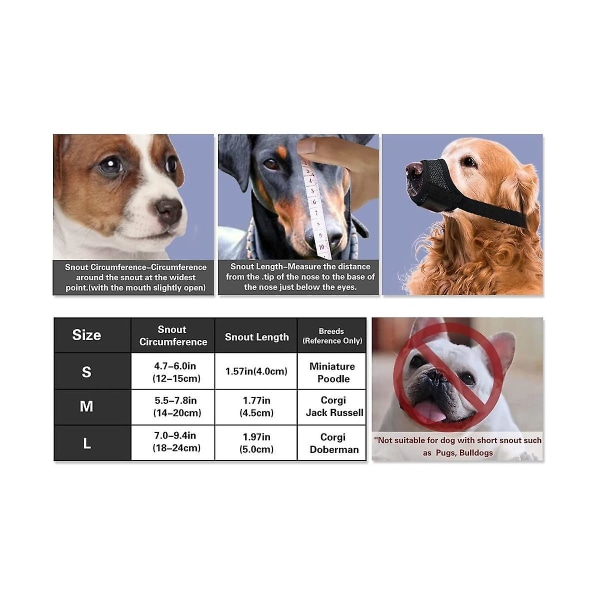 Hundens næseparti, forhindrer at bide, gø og tygge Justerbart åndbart mesh, blødt stof til hundens næseparti tillader pustende 14-20 cm